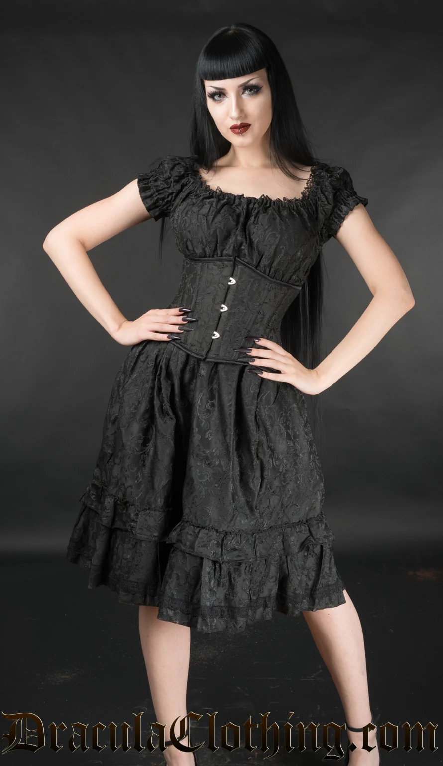 Black Brocade Gothabilly Dress - Image 3