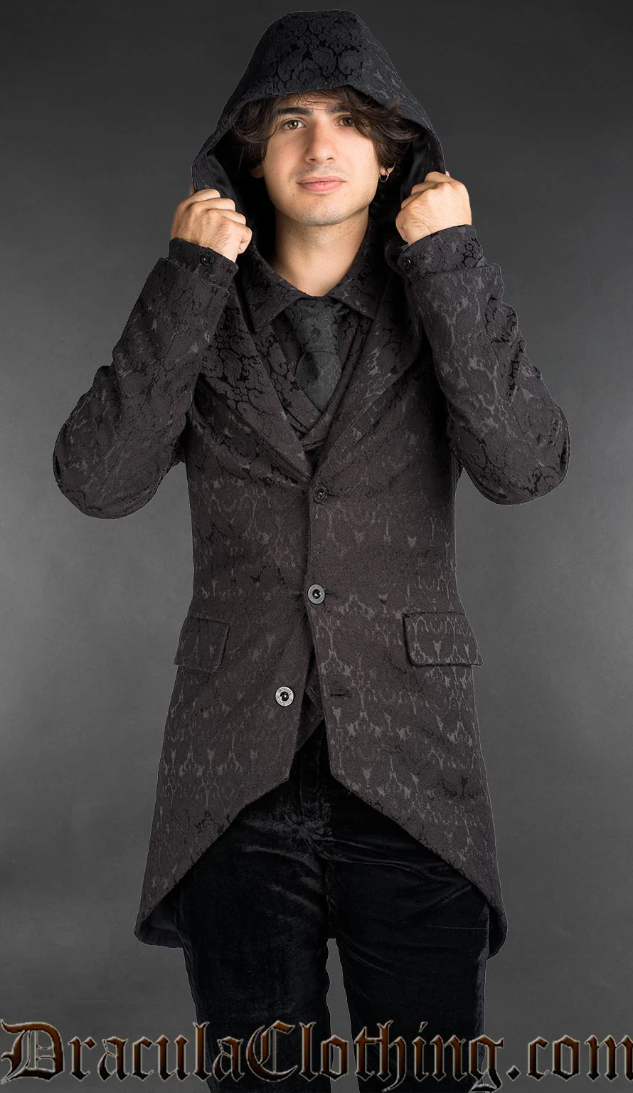 Black Brocade Hooded Suit Jacket