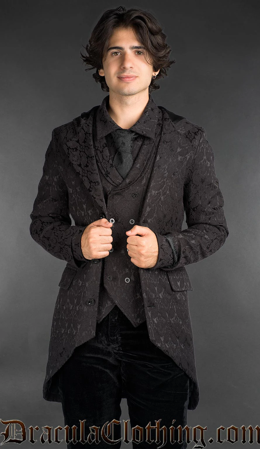 Black Brocade Hooded Suit Jacket - Image 3