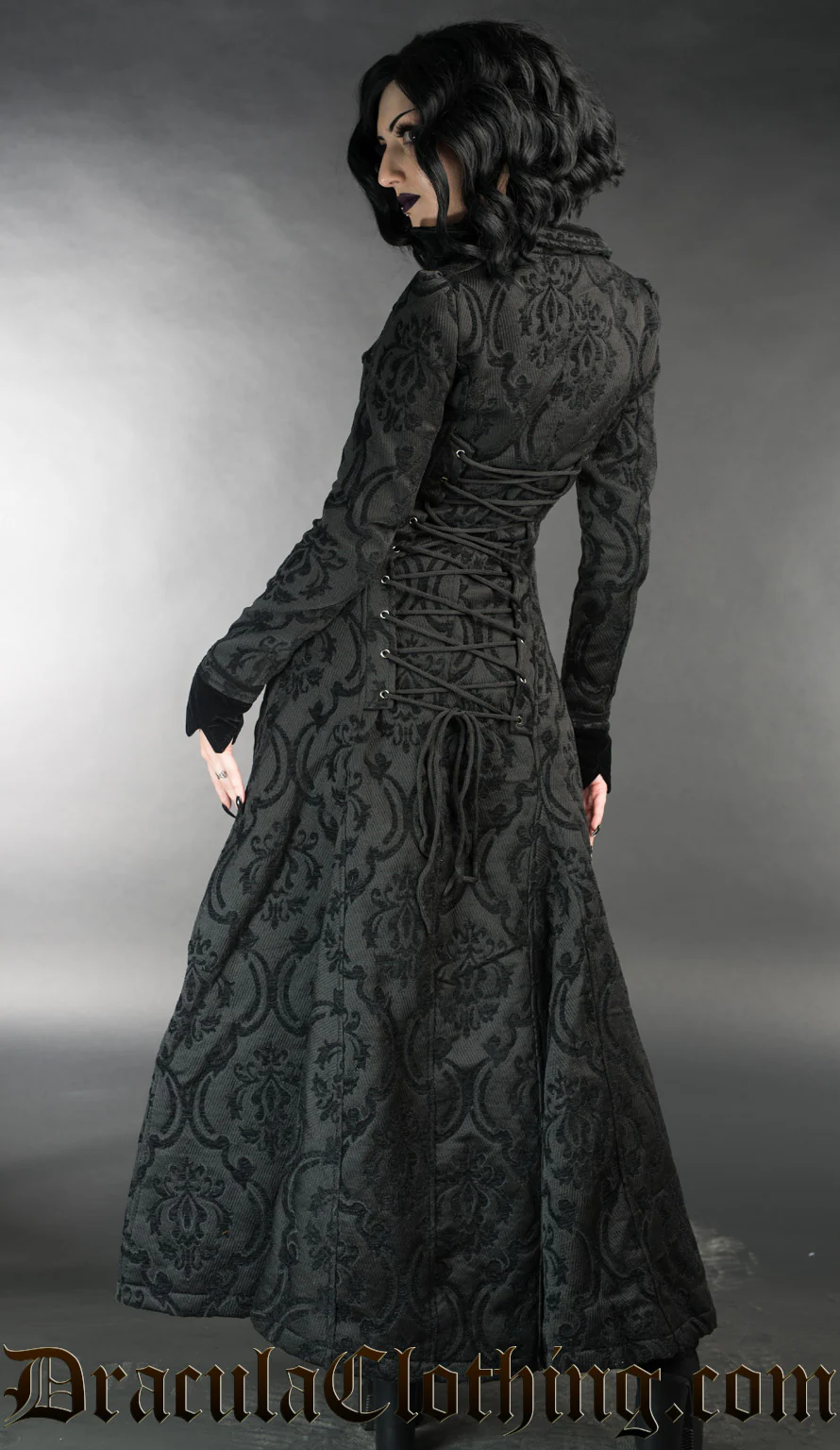 Black Brocade Long Ives Coat - Image 2