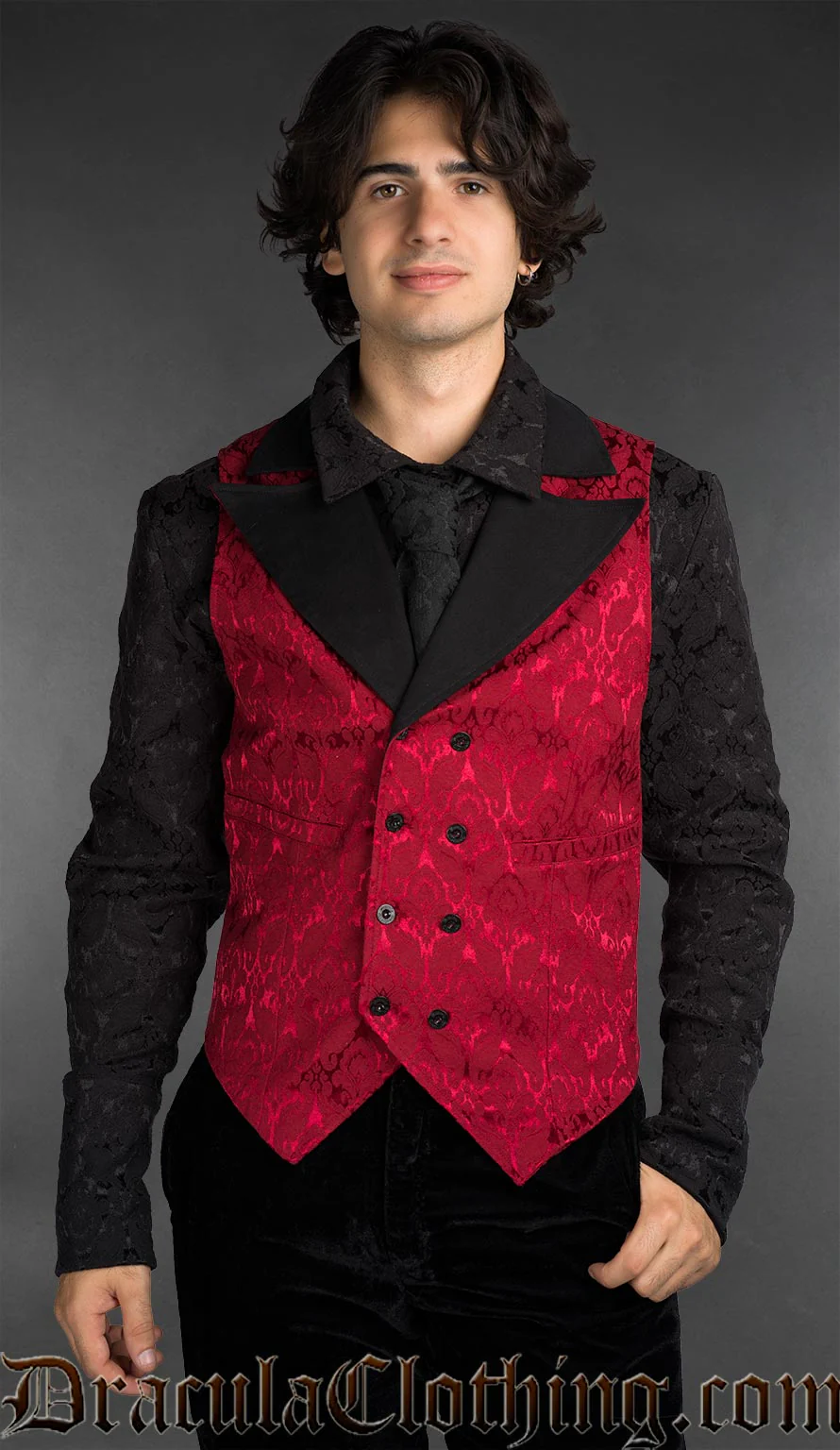 Red Brocade Gothic Double Breasted Waistcoat with Peak Lapel