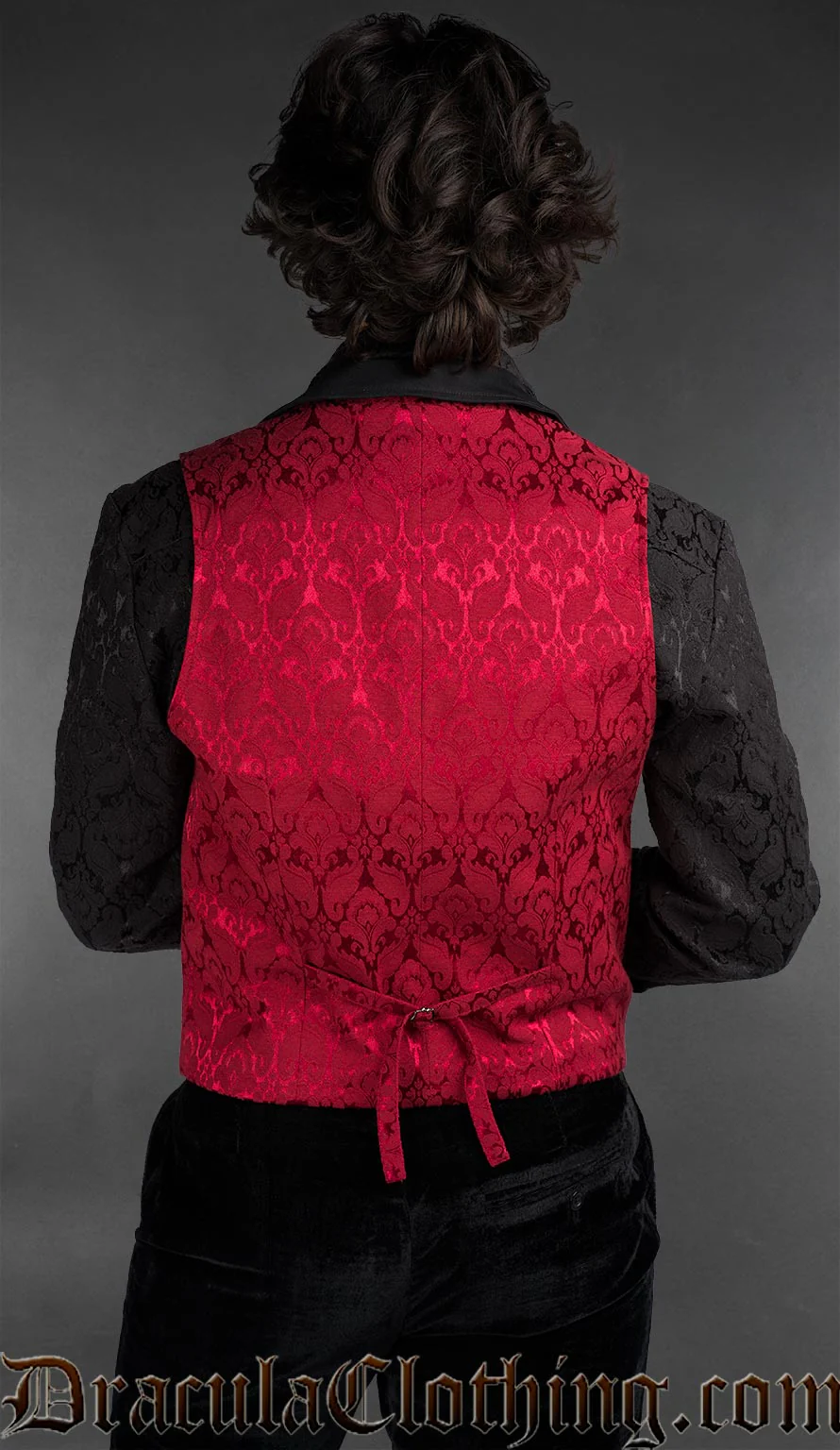 Red Brocade Gothic Double Breasted Waistcoat with Peak Lapel - Image 2