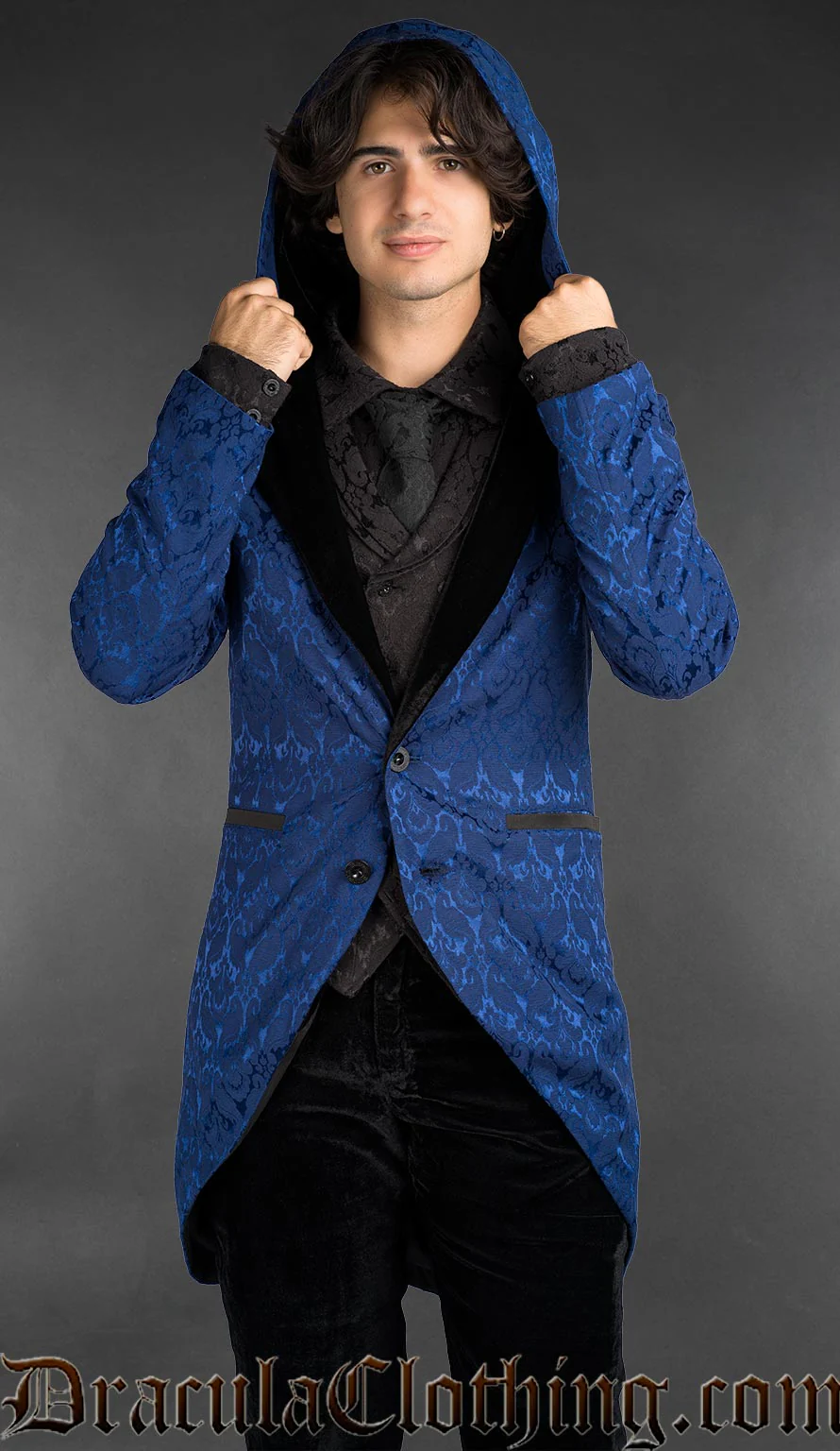 Blue Brocade Velvet Detail Hooded Suit Jacket