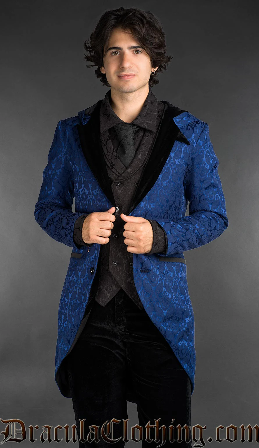 Blue Brocade Velvet Detail Hooded Suit Jacket - Image 3