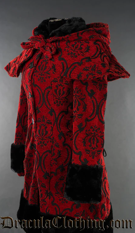 Crimson Brocade Thick Winter Coat - Image 3