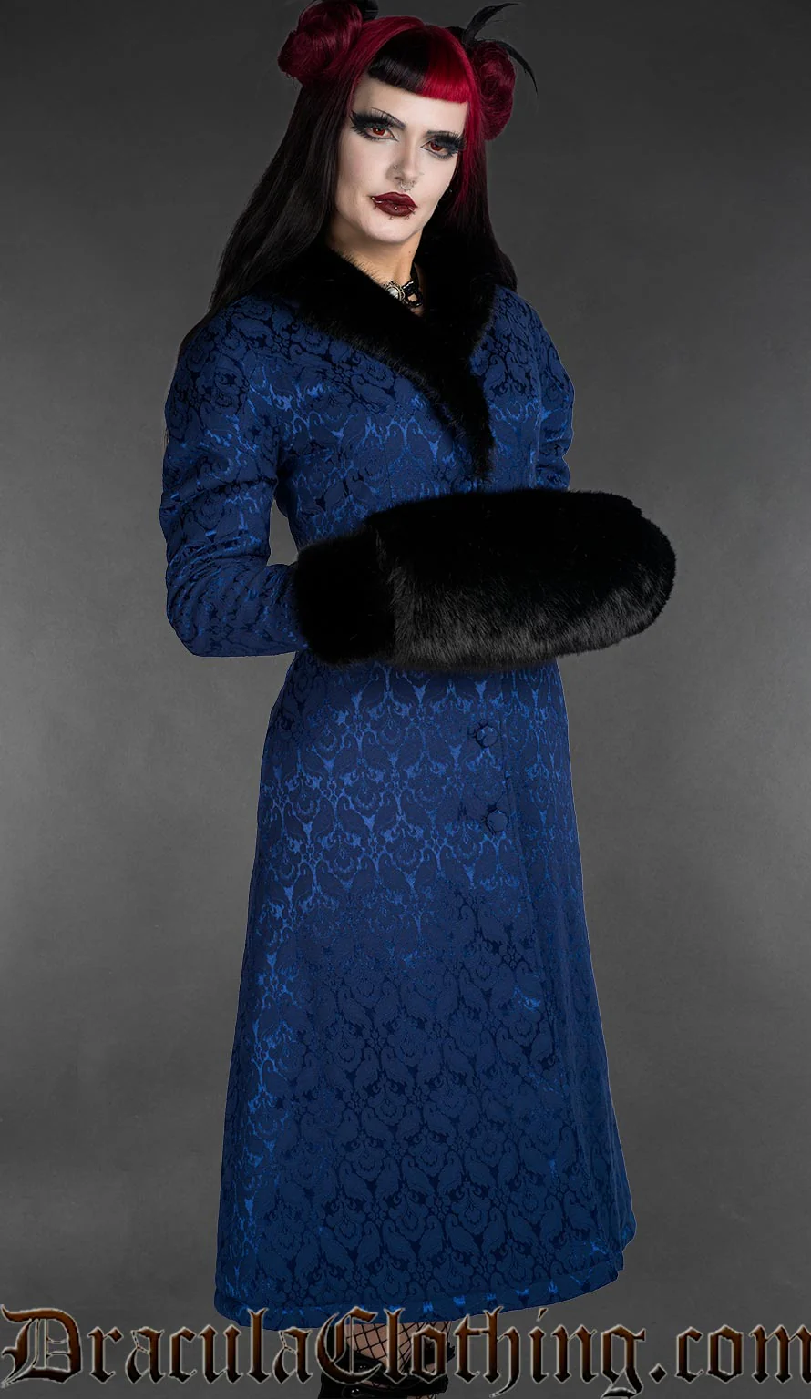 Gothic Blue Brocade Coat With Faux Fur - Image 2