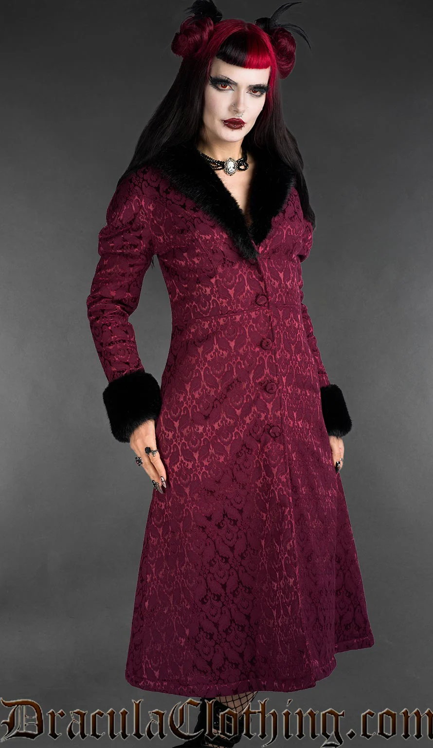 Gothic Burgundy Brocade Coat With Faux Fur - Image 2