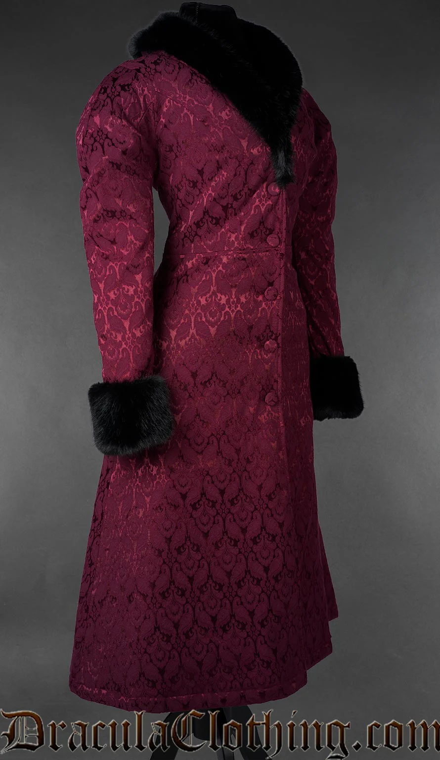 Gothic Burgundy Brocade Coat With Faux Fur - Image 4