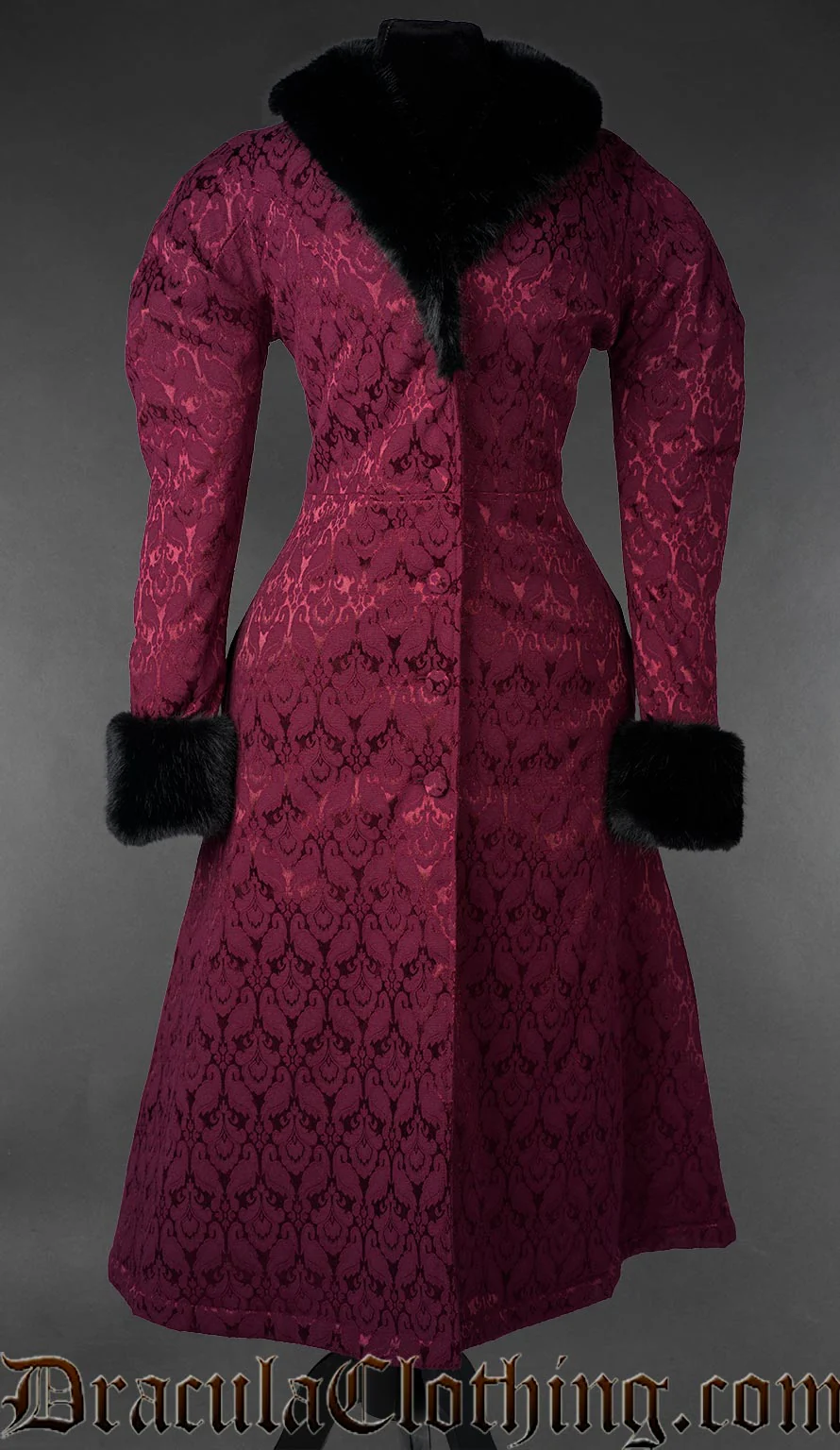 Gothic Burgundy Brocade Coat With Faux Fur - Image 5