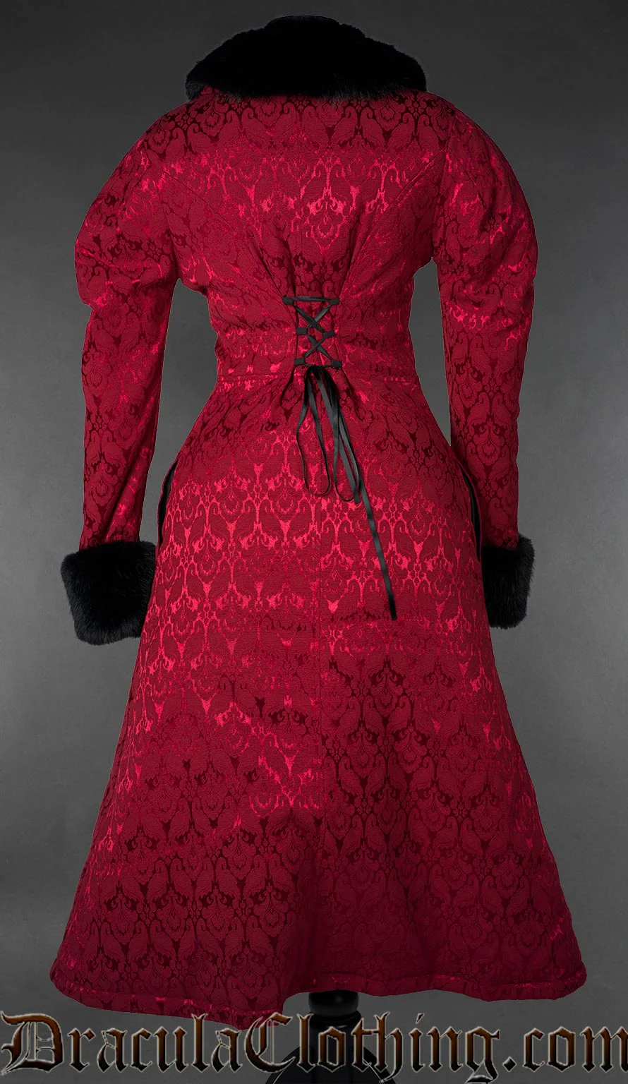 Gothic Red Brocade Coat With Faux Fur - Image 6