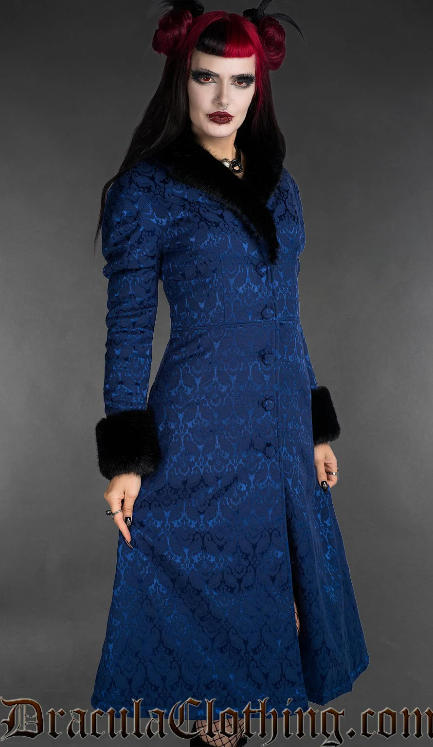 Gothic Blue Brocade Coat With Faux Fur