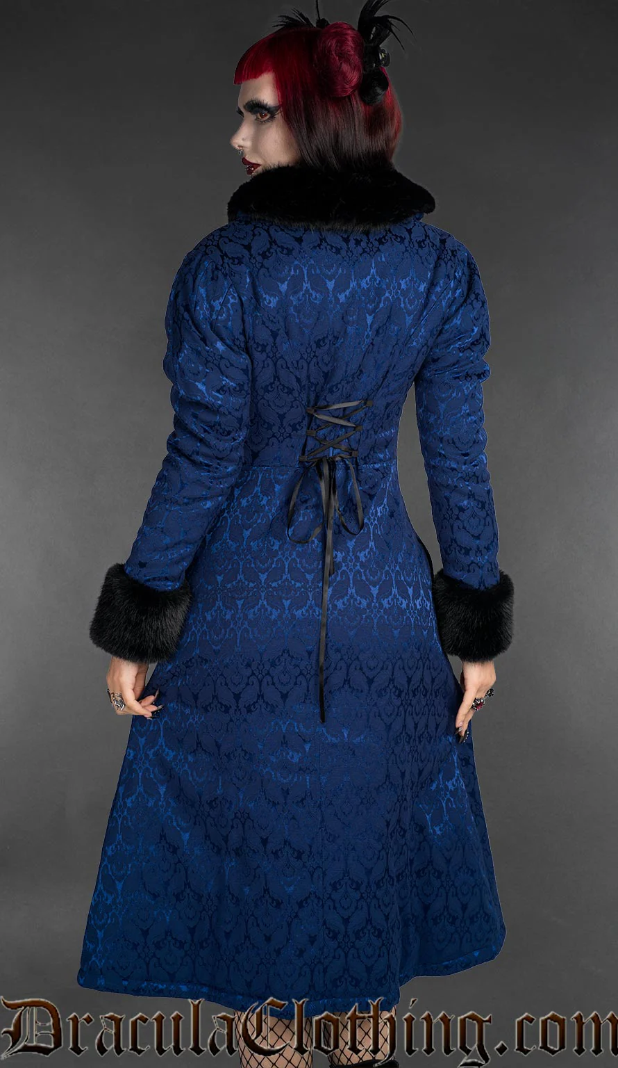 Gothic Blue Brocade Coat With Faux Fur - Image 3
