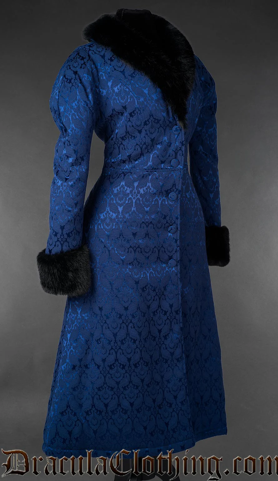 Gothic Blue Brocade Coat With Faux Fur - Image 4