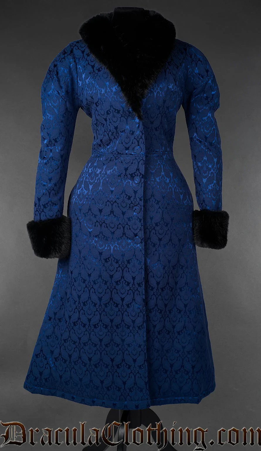 Gothic Blue Brocade Coat With Faux Fur - Image 5