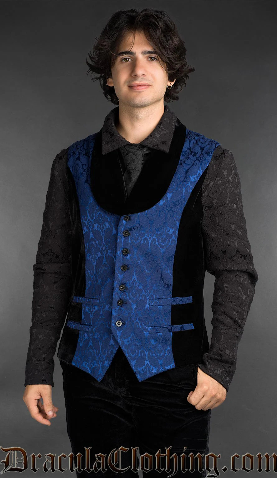 Gothic Shawl Lapel Blue Brocade Waistcoat