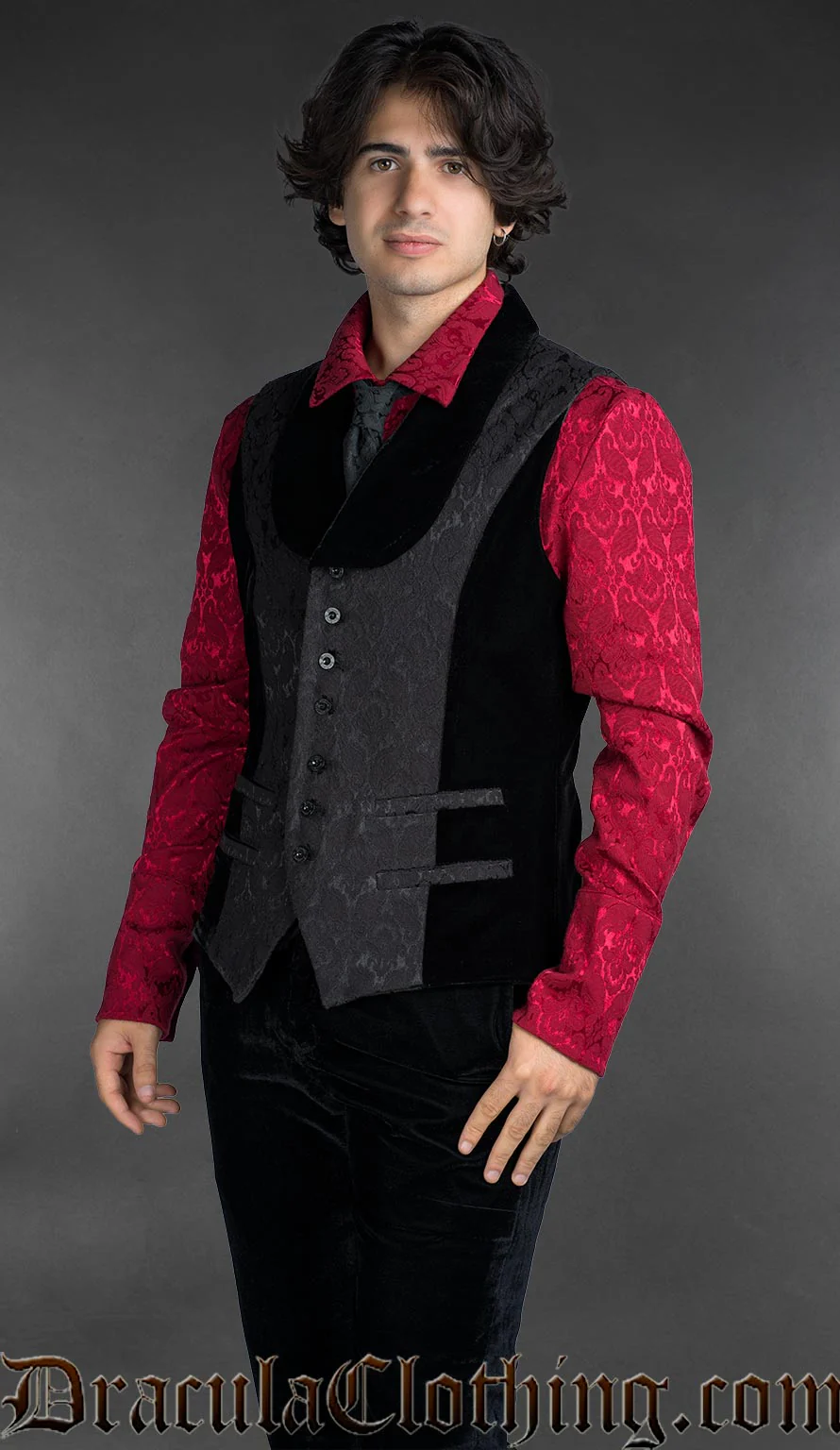 Gothic Shawl Lapel Black Brocade Waistcoat - Image 2