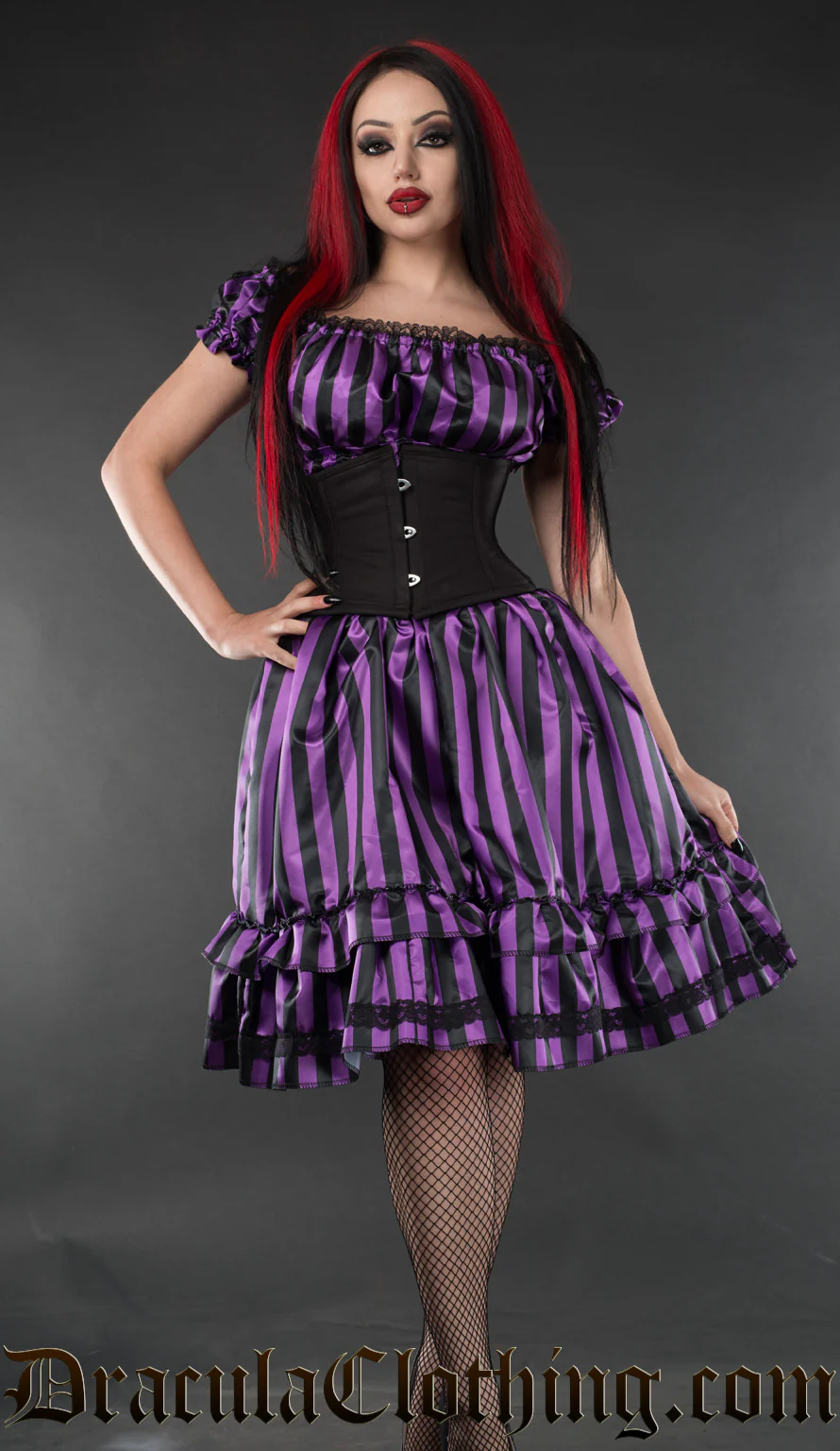 Purple Striped Satin Gothabilly Dress - Image 4
