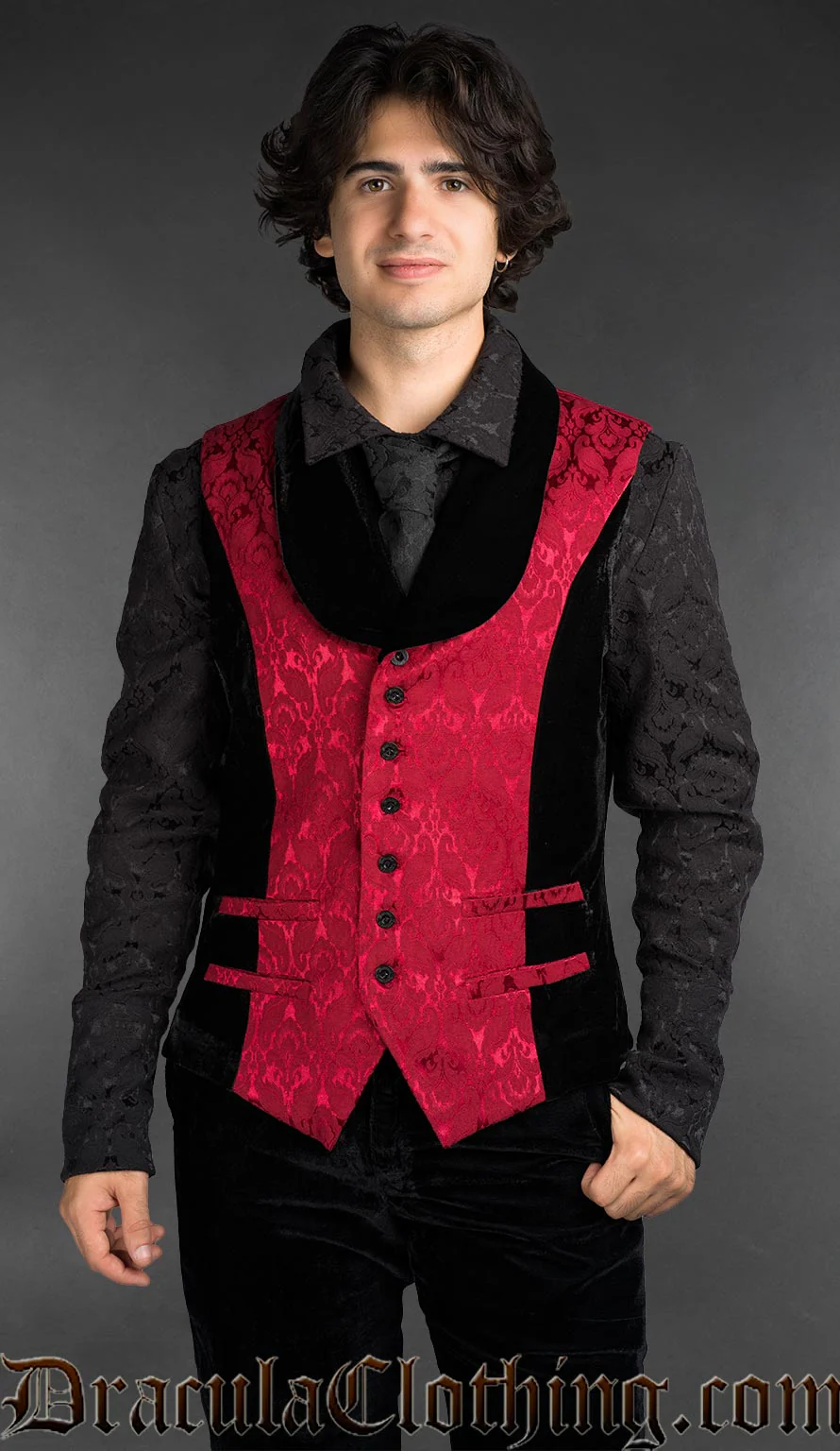 Red Brocade Gothic Shawl Lapel Black Brocade Waistcoat