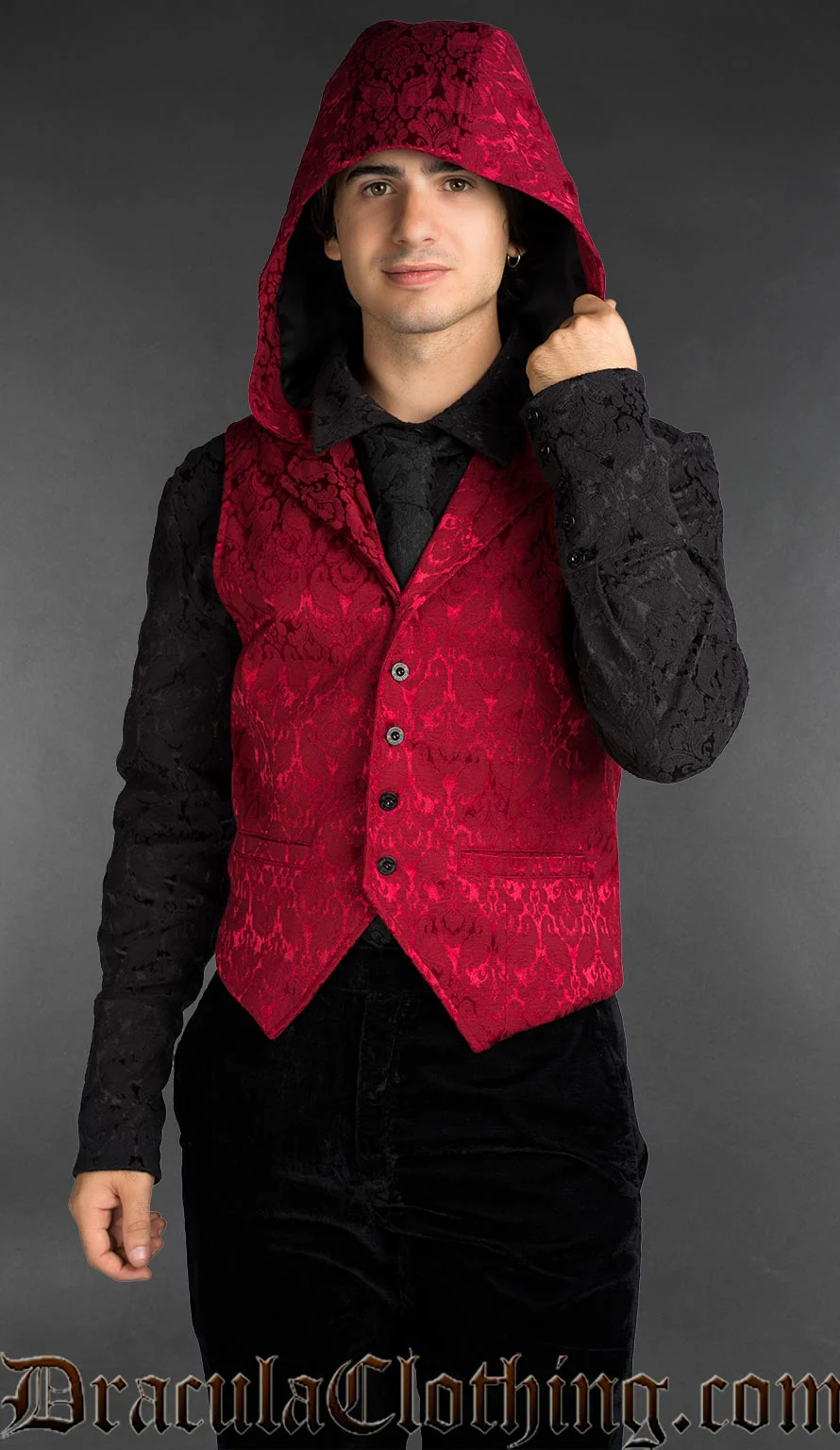 Red Brocade Hooded Vest