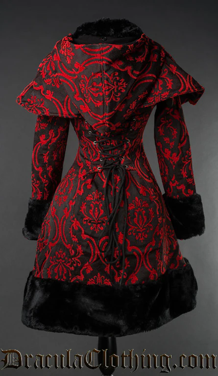 Red Brocade Thick Winter Coat - Fleece Lining - Image 2