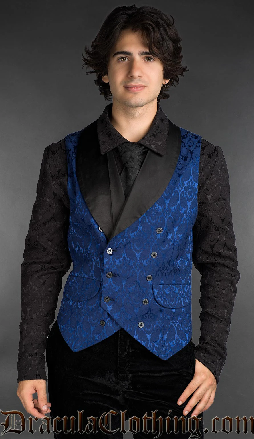 Blue Brocade Victorian Gothic Double Breasted Waistcoat