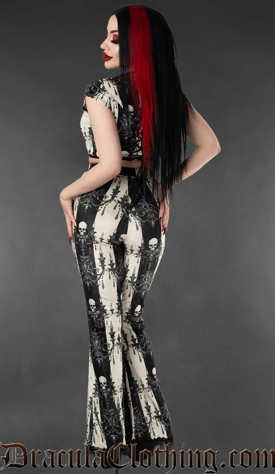 Skull Striped Flare Velvet Pants - Image 2